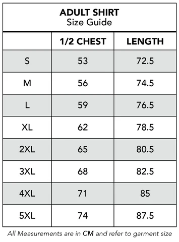 Size chart for Australia RLWC 2026 Adults Hawaiian Shirt