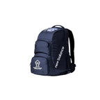 A navy blue New Balance backpack with white branding and a white Rugby League Cup trophy graphic on the front pocket, shown against a plain white background.