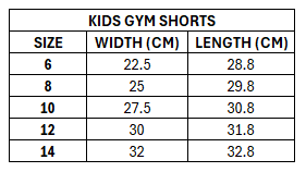 Size chart for Lebanon 2026 Kids RLWC Gym Shorts