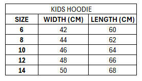 Size chart for Lebanon 2026 Kids Hoodie ***PRE-ORDER***