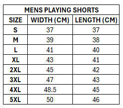Size chart for Lebanon 2026 Men's RLWC Home Shorts ***PRE-ORDER***