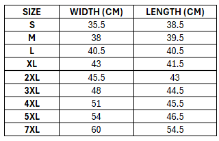 Size chart for Lebanon Cedars 2026 Men's RLWC Gym Shorts ***PRE-ORDER***