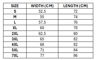 Size chart for Kangaroos 2026 Men's RLWC Pro Warm Up Tee