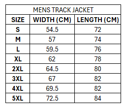Size chart for Lebanon 2026 Men's RLWC Track Jacket ***PRE-ORDER***