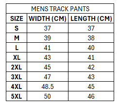 Size chart for Lebanon 2026 Men's RLWC Track Pants ***PRE-ORDER***