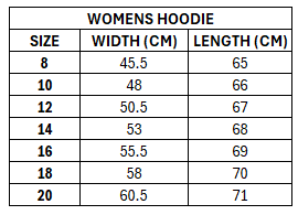 Size chart for Lebanon 2026 Women's Hoodie ***PRE-ORDER***