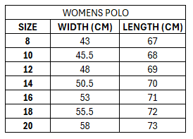 Size chart for Lebanon 2026 Women's Team Polo ***PRE-ORDER***