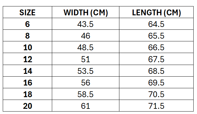 Size chart for Kangaroos 2026 Women's RLWC Indigenous Jersey ***PRE-ORDER***
