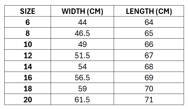 Size chart for Jillaroos 2026 Women's RLWC Pro Training Tee ***PRE-ORDER***