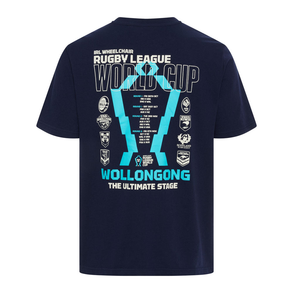 A navy blue short-sleeve t-shirt shown from the back, featuring a large graphic print for the NRL Wheelchair Rugby League World Cup Wollongong. The design includes a large light blue 'W' with white outlines, team logos, and match details.