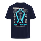 A navy blue short-sleeve t-shirt shown from the back, featuring a large graphic print for the NRL Wheelchair Rugby League World Cup Wollongong. The design includes a large light blue 'W' with white outlines, team logos, and match details.