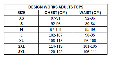 Size chart for RLWC 2026 Adults White Unity Graphic Tee