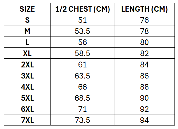 Size chart for NZ Kiwis RL 2026 Men's RLWC Basketball Singlet ***PRE-ORDER***