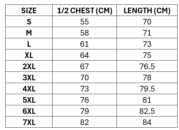 Size chart for NZ Kiwis RL 2026 Adults RLWC 1/4 Zip Performance Hoodie
