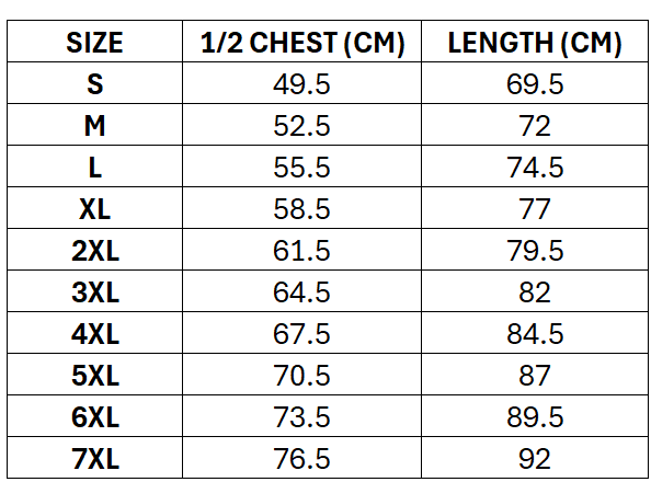 Size chart for NZ Kiwis RL 2026 Men's RLWC Media Polo