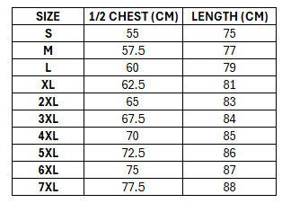 Size chart for Fiji Bati RL 2026 Mens RLWC Replica Home Jersey ***PRE-ORDER***