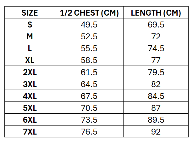 Size chart for NZ Kiwis RL 2026 Men's RLWC Training Tee