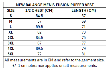 Size chart for RLWC 2026 Men's Fusion Puffer Vest ***PRE-ORDER***
