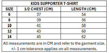 Size chart for RLWC 2026 Kids T-Shirt