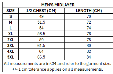 Size chart for RLWC 2026 Men's Midlayer Top ***PRE-ORDER***
