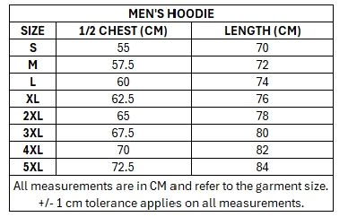 Size chart for RLWC 2026 Men's Hoodie ***PRE-ORDER***
