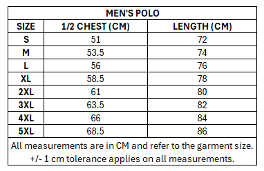 Size chart for RLWC 2026 Men's Media Polo