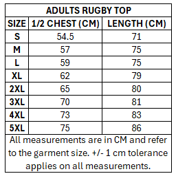 Size chart for RLWC 2026 Men's Rugby Top ***PRE-ORDER***