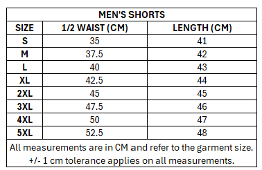 Size chart for RLWC 2026 Men's Travel Shorts