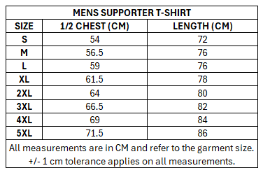 Size chart for RLWC 2026 Men's T-Shirt