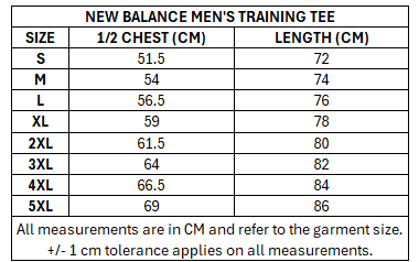Size chart for RLWC 2026 Men's Training Tee
