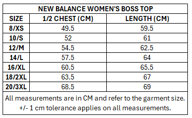 Size chart for RLWC 2026 Ladies Boss Top ***PRE-ORDER***
