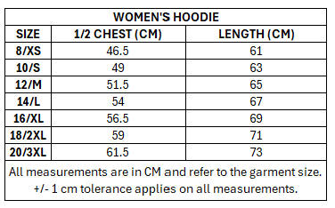 Size chart for RLWC 2026 Ladies Hoodie ***PRE-ORDER***