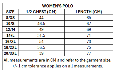 Size chart for RLWC 2026 Ladies Media Polo