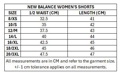 Size chart for RLWC 2026 Ladies Travel Shorts