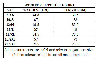 Size chart for RLWC 2026 Ladies T-Shirt